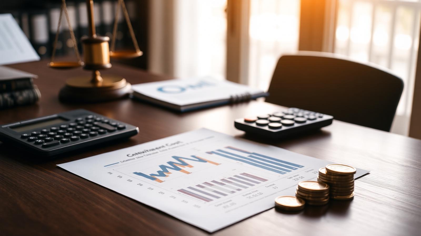 Relatório com gráficos, calculadora e moedas sobre mesa de escritório jurídico