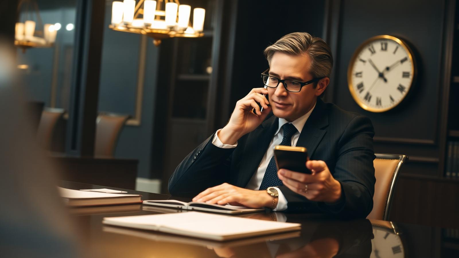 Advogado atendendo o telefone rapidamente em escritório elegante