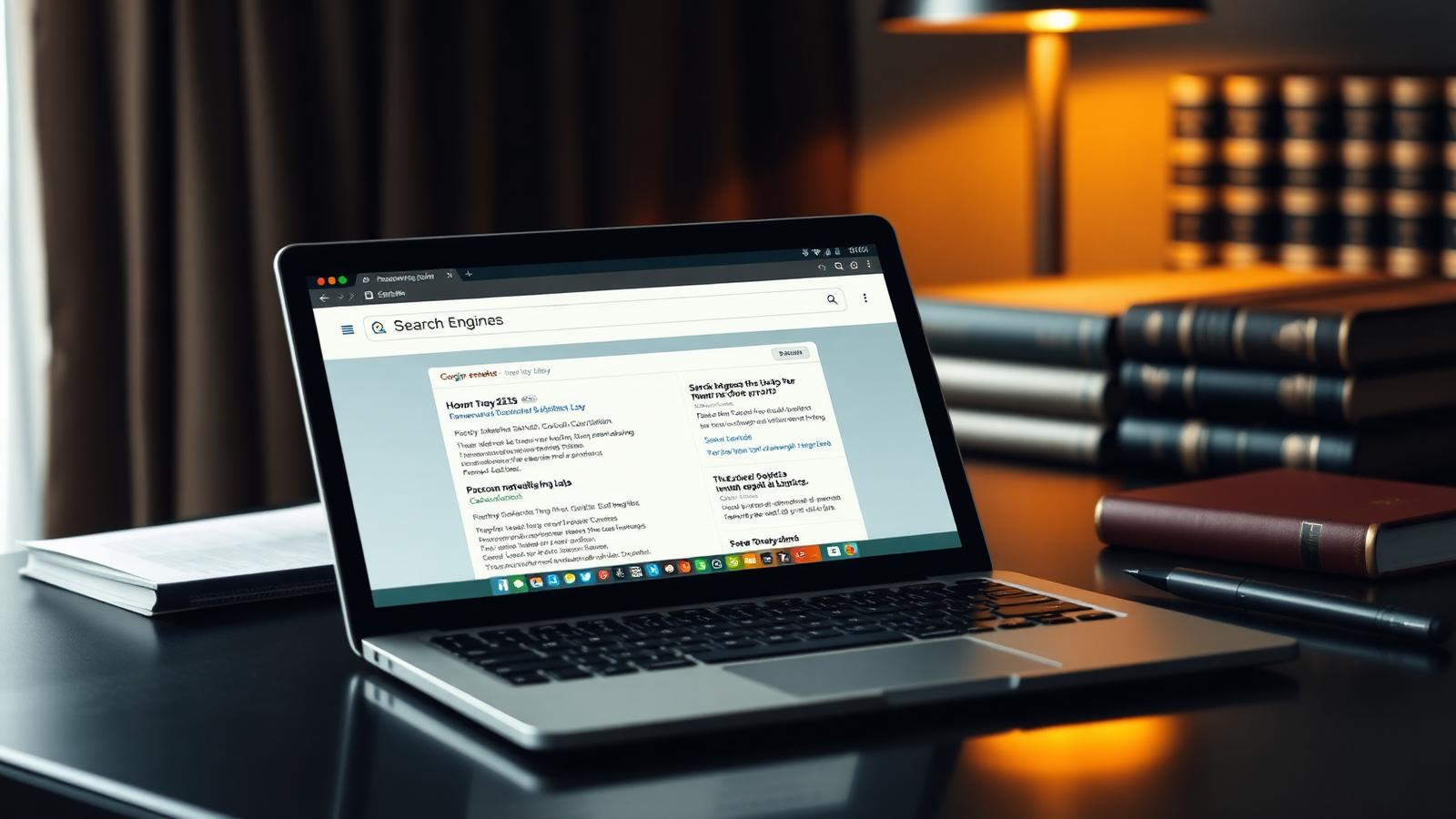 Notebook exibindo página de resultados de busca ao lado de livros jurídicos