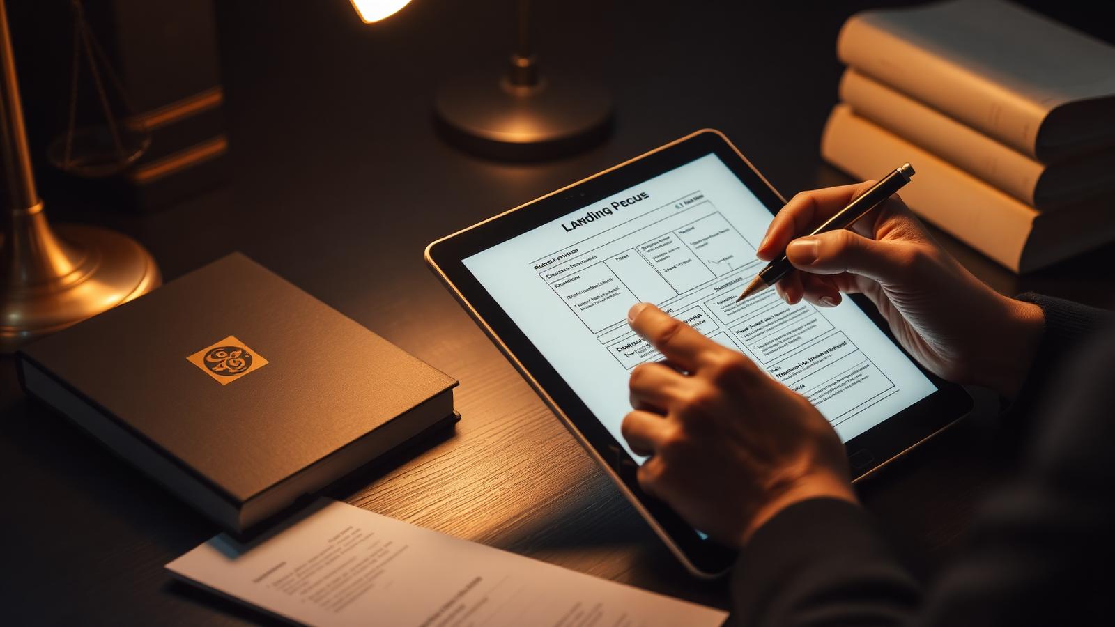 Profissional desenhando o wireframe de uma landing page em um tablet